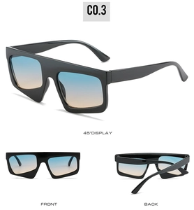 Detailansichten der eckigen Oversize-Sonnenbrille mit blau-orangen Verlaufsgläsern und Rahmen