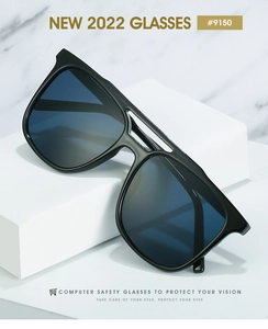 Close-up of square black frame glasses with double bridge on white stone block