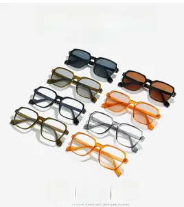 Detailed view of square frame sunglasses showing multiple colors and temple model specs
