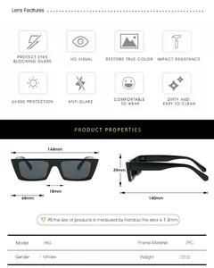 Detailed size chart for retro rectangular sunglasses with frame dimensions and UV400 features
