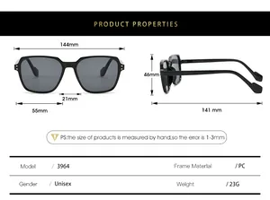 Detailed size chart for black square sunglasses showing 144mm width and PC material specs