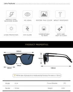 Detailed size specifications for square black sunglasses with blue lenses and PC frame