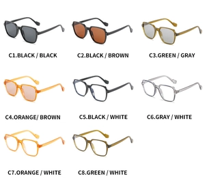 Detailed grid of oversized square sunglasses in eight colors from black to transparent