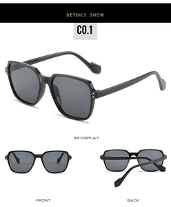 Three-way view of black thick-frame square sunglasses showing front and side details