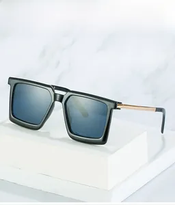 Detail view of square sunglasses with gradient blue lenses and gold metal temples