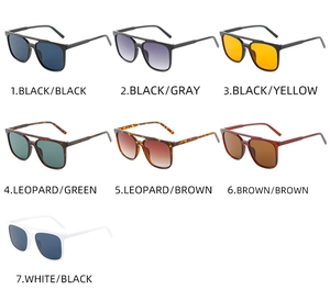 Detailed grid showing seven color variations of square double-bridge fashion sunglasses