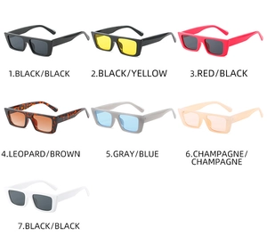 Grid view of rectangle sunglasses showing seven color variants with plastic frames