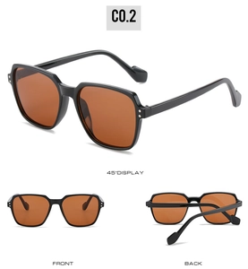 Three perspectives of polygon black frame sunglasses with brown lenses and UV400 protection