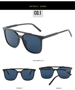 Detailed multi-angle views of square double-bridge black sunglasses with blue lenses