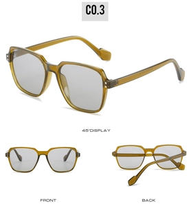 Detailed views of amber square frame sunglasses with silver rivets and UV400 lenses