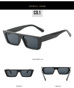 Detailed views of chunky rectangular sunglasses with black frames and dark lenses