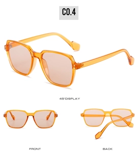 Three perspectives of orange rectangle sunglasses showing front, back, and 45-degree angle views