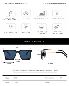 Detailed size specifications for oversize square sunglasses with dimensions and UV400 features