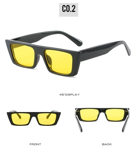Three-view layout of black rectangle sunglasses with transparent yellow lenses, model C0.2