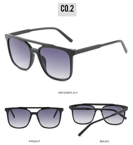 Three-way view of square double-bridge sunglasses with purple gradient lenses