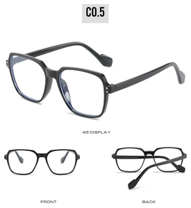 Three-angle view of black oversized geometric sunglasses showing front, back, and 45-degree angle