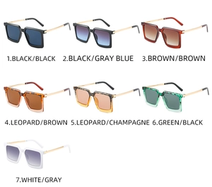 Detail view of large square frame sunglasses in seven distinct color variants and styles