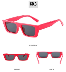 Multi-angle view of thick magenta rectangle sunglasses with dark grey lenses