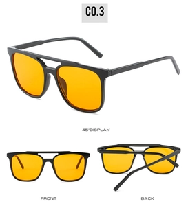 Three-view display of black pilot sunglasses with double bridge and orange lenses