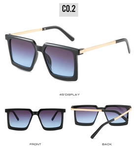 Three-angle view of oversized square sunglasses with black frames and gold metal temples