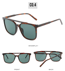 Detailed views of tortoise shell square double bridge sunglasses with dark green lenses