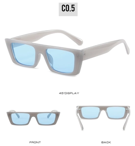 Detailed views showing grey rectangular sunglasses with light blue lenses from three angles