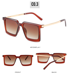 Front and back detail of square oversized sunglasses with brown gradient lenses