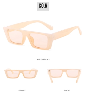 Three views of vintage translucent peach rectangular sunglasses with thick frame
