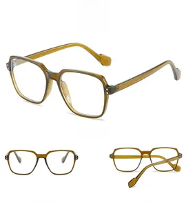 Three-view detail of transparent tawny square glasses frame with metal rivets