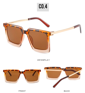 Detail view of square tortoiseshell sunglasses with gold metal temples from three angles