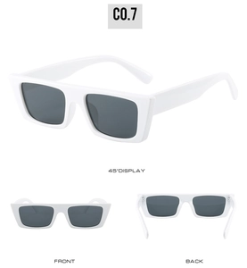 Detailed multi-angle views of white rectangular sunglasses with dark lenses
