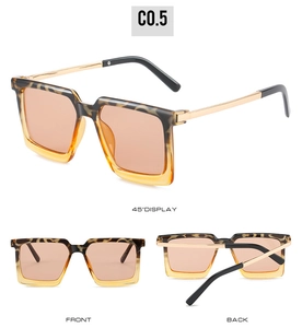 Three-view display of oversized square sunglasses with tortoiseshell and yellow frames