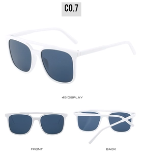 Three-angle view of white square double bridge sunglasses with blue lenses for women