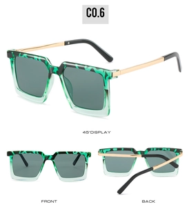 Three-angle view of oversized square sunglasses featuring green tortoiseshell frames and gold temples