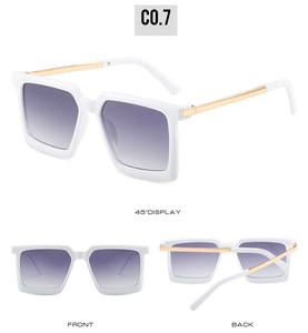 Detailed views of white square sunglasses with gold metal temples and gradient lenses