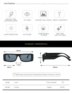 Detailed size chart for retro rectangular sunglasses with UV400 and PC frame specs