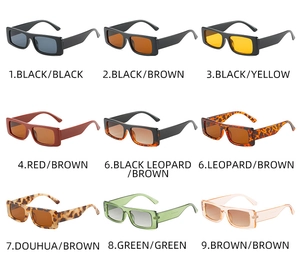 Matrix display of nine vintage rectangular sunglasses in various multi-color frame options