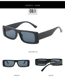 Three-way view showing the front and 45-degree angle of black rectangular sunglasses