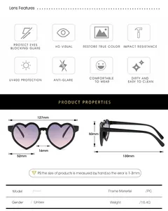 Size chart showing heart sunglasses dimensions with UV400 and PC frame features