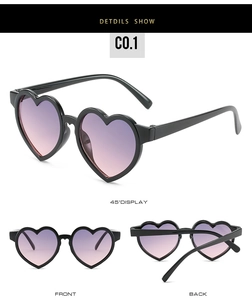 Multiple views of heart-shaped kids sunglasses with black frames and purple gradient lenses