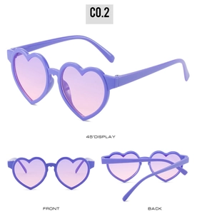 Three-view display of purple heart-shaped kids sunglasses showing front and side details