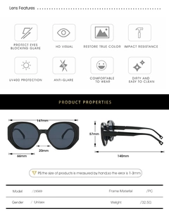 Detailed technical diagram showing dimensions of oval sunglasses with UV400 PC frame