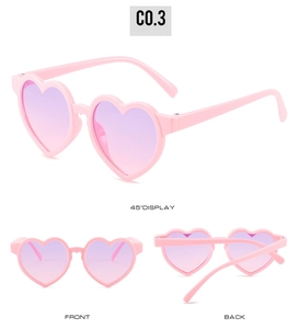 Three angles of pink heart-shaped kids sunglasses with purple gradient lenses