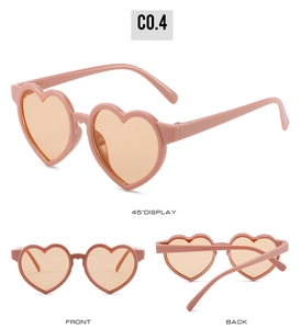 Pink heart-shaped kids sunglasses detail showing front, back, and 45-degree angle views
