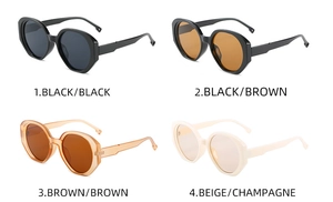 Four pairs of irregular polygonal oversized sunglasses in black, brown, and beige colors
