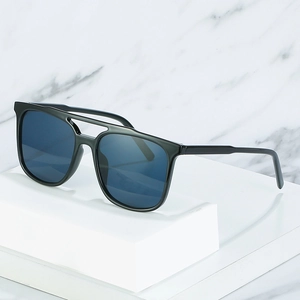 Fashionable black square double bridge sunglasses with premium dark blue lenses for women