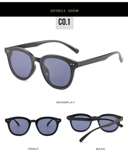 Klassische schwarze quadratische Sonnenbrille mit Nieten in Front- und Seitenansicht
