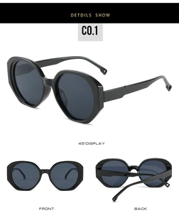 Three-angle view of oversized geometric oval sunglasses with black frames and dark lenses
