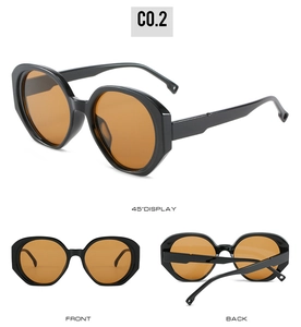 Three-angle views of retro oval sunglasses with black frames and orange lenses