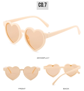 Front and back detail of heart-shaped peach sunglasses for kids with UV protection lenses